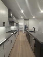 Kitchen featuring appliances with stainless steel finishes, white cabinetry, sink, wall chimney exhaust hood, and light hardwood / wood-style flooring