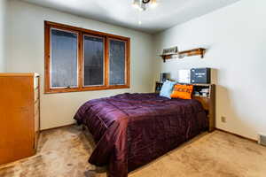 Carpeted bedroom with ceiling fan