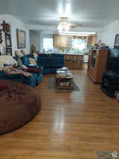 Living room with light hardwood / wood-style floors and ceiling fan