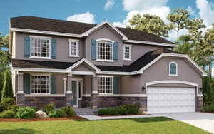 View of front facade with a garage and a front lawn