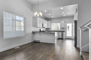 Kitchen with white cabinetry, stainless steel appliances, dark hardwood / wood-style floors, decorative light fixtures, and kitchen peninsula