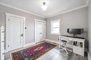 Home office with crown molding, light hardwood / wood-style flooring, and a textured ceiling