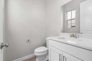 Bathroom with vanity, wood-type flooring, and toilet