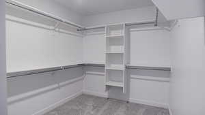 Walk in closet with light colored carpet