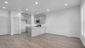 Kitchen with stainless steel appliances, gray cabinets, light hardwood / wood-style flooring, and kitchen peninsula