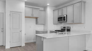 Kitchen featuring sink, gray cabinetry, light hardwood / wood-style flooring, kitchen peninsula, and stainless steel appliances