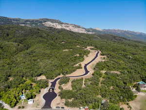 Aerial view of property's location with a heavily wooded area and mountains