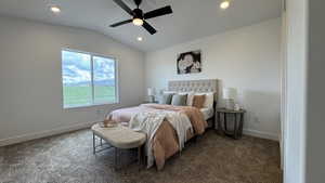 Carpeted bedroom with vaulted ceiling, baseboards, recessed lighting, and ceiling fan