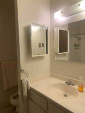 Bathroom featuring a shower, vanity, and toilet