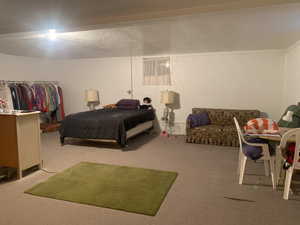 Bedroom featuring carpet and a textured ceiling