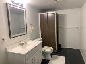 Bathroom featuring vanity, toilet, a textured ceiling, and walk in shower