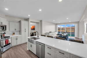 Kitchen featuring sink, light wood-type flooring, stainless steel appliances, decorative backsplash, and white cabinets