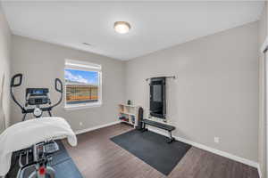 Exercise area with dark hardwood / wood-style flooring