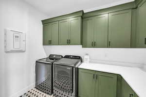 Laundry area featuring separate washer and dryer, electric panel, and cabinets