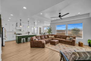 Living room featuring a tray ceiling, ceiling fan, and light hardwood / wood-style flooring