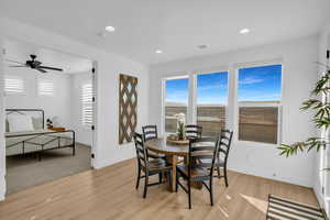 Dining area with ceiling fan, light hardwood / wood-style floors, and a healthy amount of sunlight