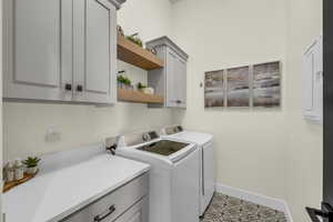 Laundry area with cabinets and washer and clothes dryer