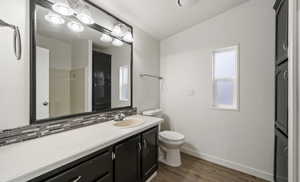 Bathroom with hardwood / wood-style flooring, vanity, decorative backsplash, toilet, and walk in shower