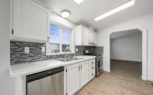 Kitchen with white cabinetry, sink, tasteful backsplash, and stainless steel appliances