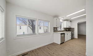 Kitchen with white cabinetry, appliances with stainless steel finishes, light hardwood / wood-style floors, and tasteful backsplash