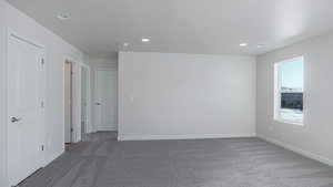 Empty room with dark colored carpet