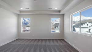 Carpeted spare room with a mountain view, plenty of natural light, and a textured ceiling