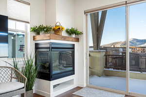 Details featuring a multi sided fireplace, a mountain view, and hardwood / wood-style floors