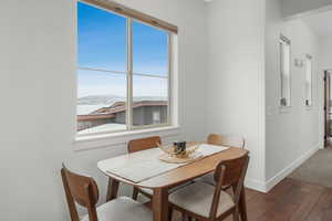 Dining space with dark hardwood / wood-style floors