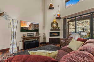 Living room with a towering ceiling and dark hardwood / wood-style floors