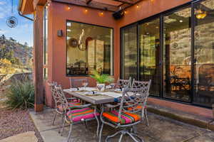 View of patio featuring a mountain view