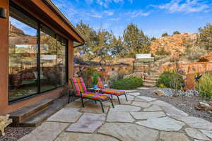 View of patio / terrace featuring a mountain view