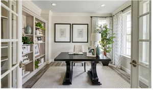 Office featuring french doors, plenty of natural light, and crown molding