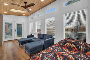 Studio/Office featuring wood ceiling, a wealth of natural light, and french doors