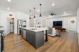 Kitchen with sink, appliances with stainless steel finishes, a tray ceiling, an island with sink, and white cabinets