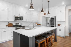 Kitchen with stainless steel appliances and white cabinetry