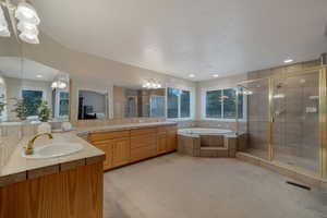 Bathroom with vanity and shower with separate bathtub