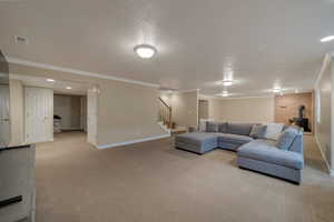 Living room featuring ornamental molding, light colored carpet, a textured ceiling, and a wood stove