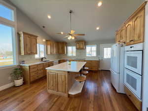 Open & bright kitchen with lots of windows, built-in stools, double ovens and solid surface counters