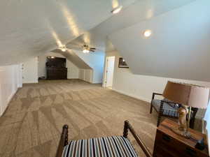 Bedroom/bonus room featuring light carpet, vaulted ceiling and full bathroom