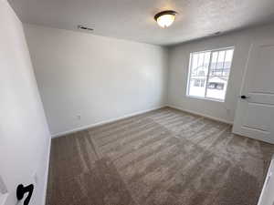 Empty room featuring carpet, a textured ceiling, and baseboards