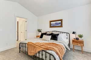 Carpeted bedroom with lofted ceiling