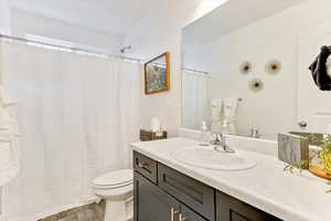 Bathroom featuring wood-type flooring, toilet, and vanity