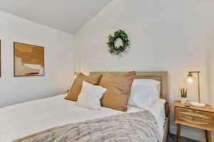 Bedroom with lofted ceiling and carpet flooring