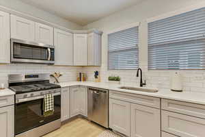 Kitchen featuring appliances with stainless steel finishes, white cabinetry, sink, decorative backsplash, and light hardwood / wood-style flooring