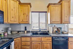 Kitchen featuring black dishwasher, sink, and backsplash