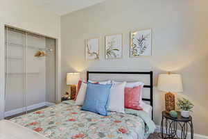 Bedroom featuring a baseboard radiator and a closet