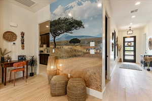 Hall featuring a mountain view, sink, and light wood-type flooring