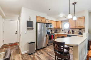 Kitchen featuring decorative light fixtures, light brown cabinets, dark hardwood / wood-style floors, stainless steel appliances, and decorative backsplash