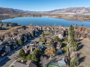 Bird's eye view featuring a water and mountain view