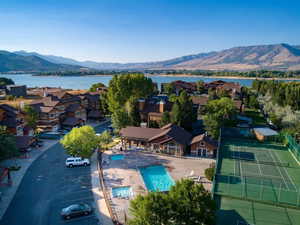 Bird's eye view with a water and mountain view